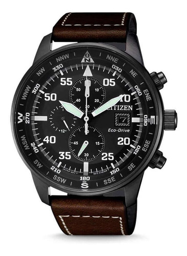 Relógio de pulso Citizen EcoDrive CA069 com corpo preto,  analógico, para masculino, fundo  preto, com correia de couro cor marrom, agulhas cor branco e verde, subdials de cor branco e cinza, subesferas cor preto, ponteiro de minutos/segundos branco, bisel cor preto e fivela simples