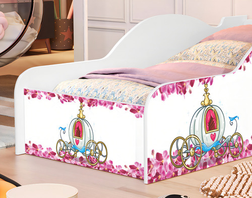 Cama Carro Infantil Meninas Princesas Docel Berço Criança Princess Castelo Cor Branco/rosa Com Colchão Neloja