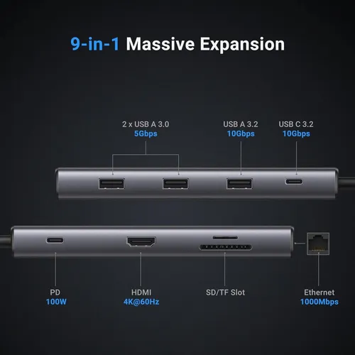 Hub Usb-c - 9 En 1 - 3 Usb 1 Usb-c Pd- Hdmi 4k60hz Red Sd