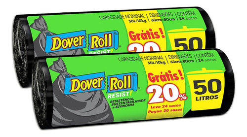 Kit com 2 Sacos Para Lixo Resist! Preto 50L 20un + 20% - Dover Roll