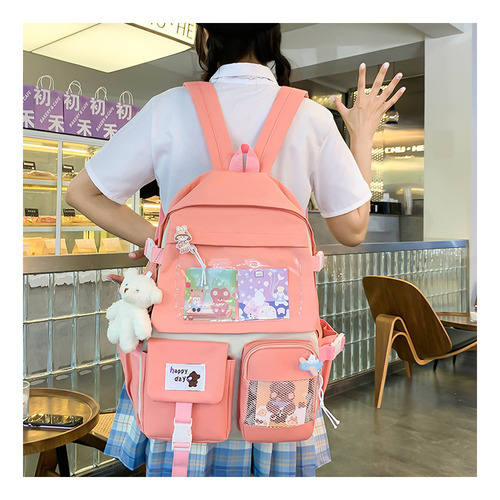 Kit De Mochila Juvenil 5 Pzs Kawaii Modelo Llavero Oso 572