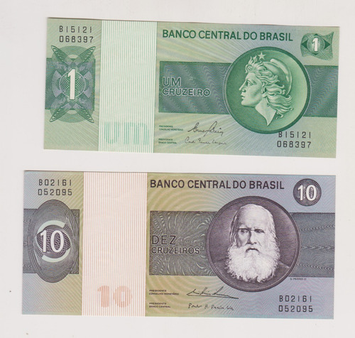 Lote 2 Billete Brasil 1 Año 1975 + 10 Cruzeiros Año 1979 