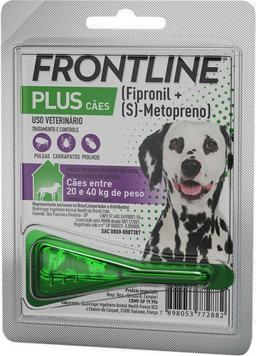Frontline Plus para cão de 20kg a 40kg Pipeta antiparasitária para pulga Merial