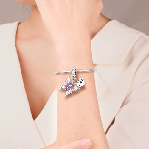 Charm Colgante Doble Mariposa Corazón Free Plata S925 Rosa