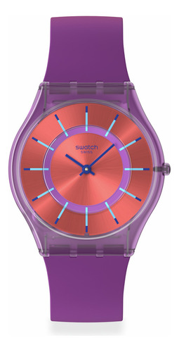 Reloj Swatch Sweet Strawberry Dream Ss08v108 Correa Púrpura Bisel Púrpura Fondo Rojo