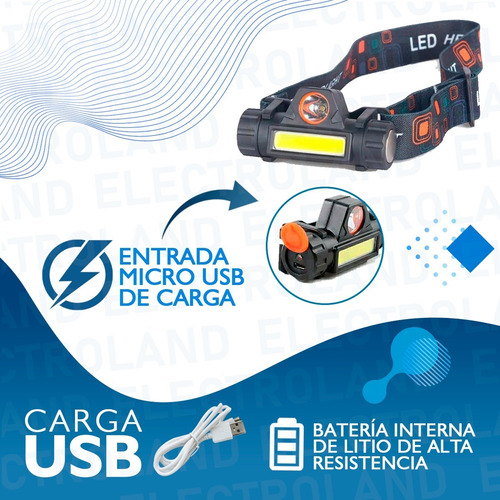 Imagen 3 de 10 de Linterna Vincha Minera Usb Recargable 2 Luces Led Camping