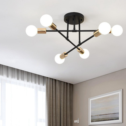 Lámpara De Techo De Hierro Con 6 Candelabros Negro Dorado