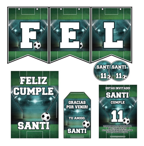 Kit Futbol Impreso Cumple Banderín Invitaciones Stickers