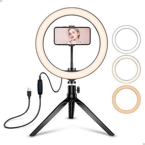 Anel De Luz Ringlight Iluminador Ring Light Pequeno Tripé Cor da estrutura Preto Cor da luz Branco-frio/neutro/quente 110V/220V (Bivolt)