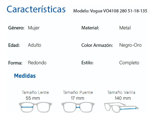 Lentes Oftálmicos Vogue Vo4108 280 Redondo Negro Oro Negro/oro