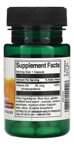 Vitamina D3 1000 Iu High Potency (25mcg) 60 Caps Swanson Sabor Sin sabor
