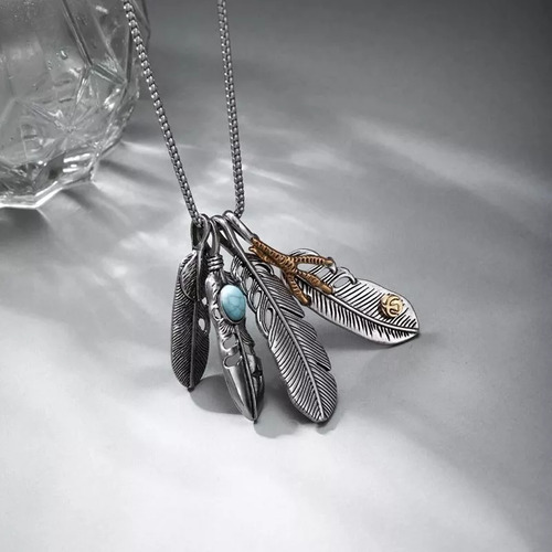 Collar Cadena Con Dijes De Plumas Caballero Acero Inoxidable