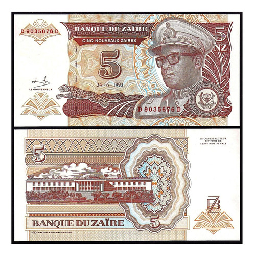 Grr-billete Zaire 5 Nuevos Zaires 1993 - Mobutu Sese Seko