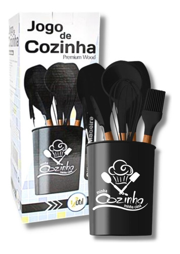 Jogo Talheres De Cozinha 7 Peças Silicone Útensílios Premium Cor Preto