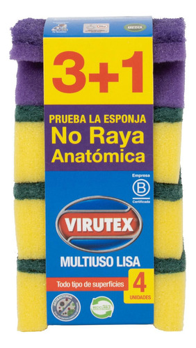 Esponja X4 Multiuso Antibacterial Lisa  Virutex