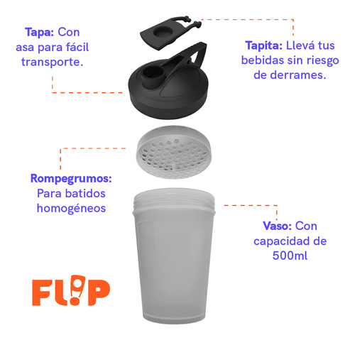 Vaso Shaker Mezclador 500ml Flip + Scoop 5gr De Regalo No Pain No Gain