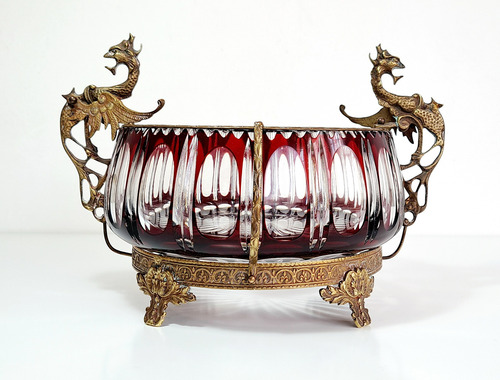 Centro De Mesa En Cristal Tallado Y Bronceria Rojo Antiguo (Usado)