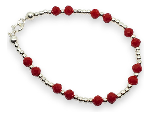 Pulsera Plata Bolitas 3mm Y Cristal Rojo 4mm