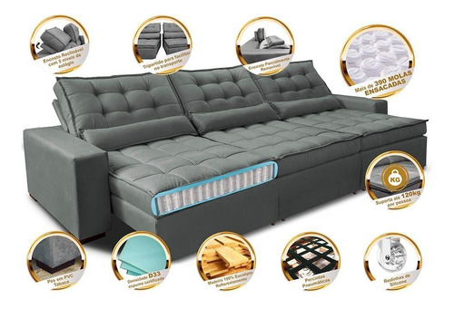 Sofá Retrátil e Reclinável 3,52m com Molas Ensacadas Cama Inbox Gold Tecido Suede Velusoft Cinza