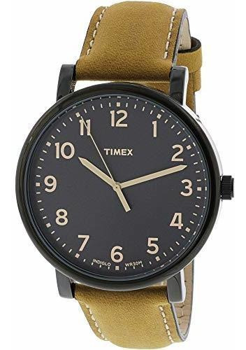 Reloj Timex T2n677 Con Esfera Negra Marron Cuero Genuino Par