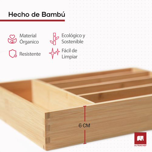 Organizador de Cubiertos de Bambú 5 Divisiones Ultrachef Bandeja de Madera para Cocina o Cajón con 5 Compartimentos Porta cubiertos Multiusos Separadores para Almacenar y Ordenar