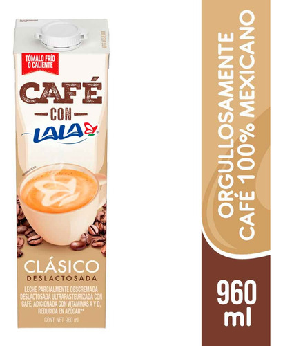 Café Lala. Leche Deslactosada Con Café 12 Pzas De 960 Ml