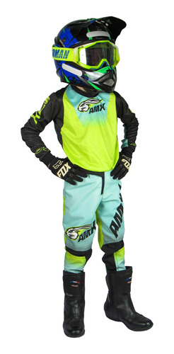 Conjunto Infantil Motocross Preto Com Verde Neon