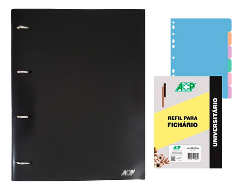 Caderno Argolado Fichário Acp A4 Sweet + Bloco E Divisórias Cor Preto