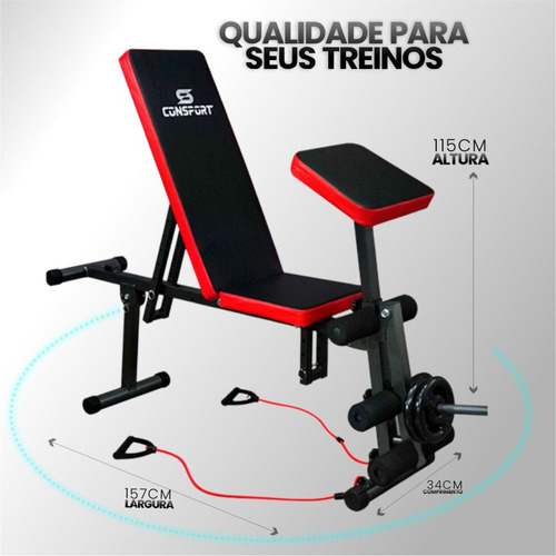 Banco Suporte Supino E Kit Halteres Kettlebell Dumbell Consport Preto