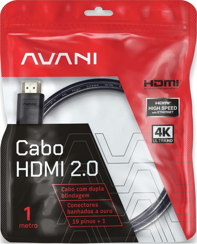 Cabo Hdmi 2.0 19 Pinos Ethernet 1 Metro 4k Ultra Hd 1m 2160p