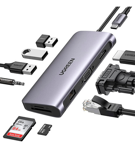 Hub Multipuerto 10x1 Usb-c A Hdmi Vga Lan Usb Card 3.5mm