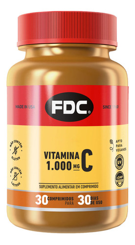 Vitamina C 1000mg Ácido Ascórbico 30 Comprimidos Importado F