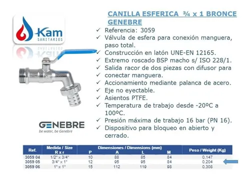 Canilla Esf rica Palanca Manija 3 4 Pulgada Bronce Genebre 16.636 2