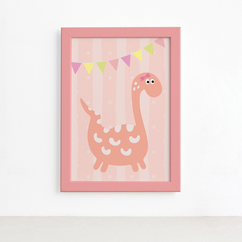 Quadro Dinossauro Menina Rosa Coral Moldura Rosa 22x32cm