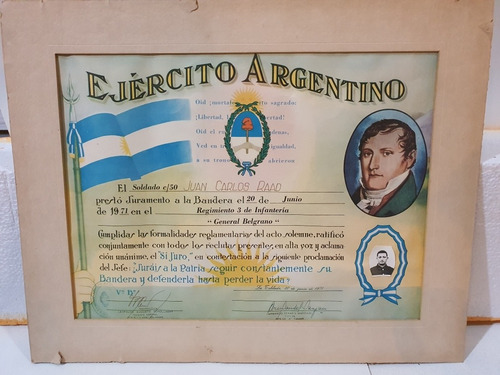 Antiguo Diploma Del Ejercito Juramento A La Bandera-050 (Usado)