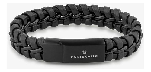 Pulseira Masculina De Couro Preto Em Aço Preto - 21 Cm