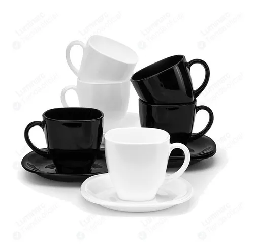 Juego de 6 tazas con plato café blanco y negro líneas