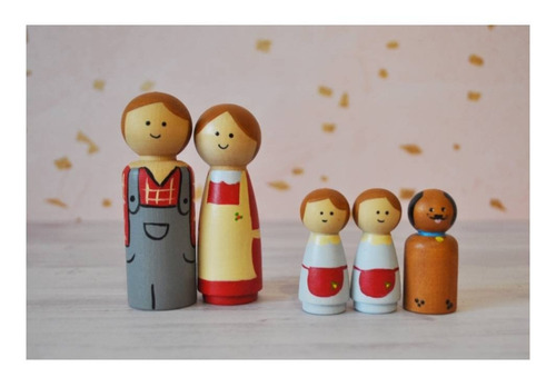 Muñequitos Madera Peg Dolls - Familia Granjeros Y Perrito