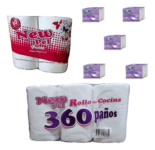 Papel Higienico 80mts + Rollo Cocina + Pañuelitos X 5