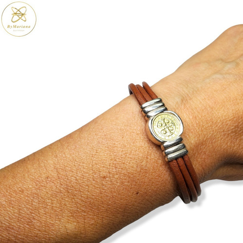 Imagen 2 de 7 de Pulsera Plata Y Oro Y Cuero San Benito Con Iman
