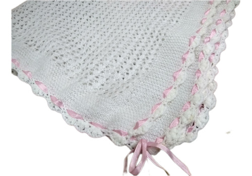 Manta Tejida 2 Agujas Blanca Cinta Rosa 90x80 Perfecta