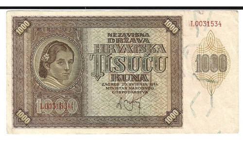 Billete De Croacia 1000 Kuna (1941) Mujer