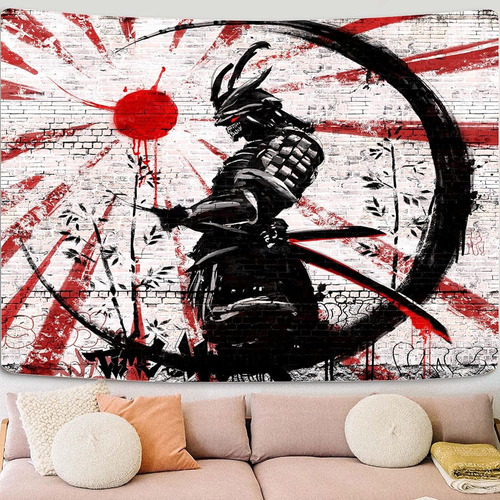 Tapiz Samurai Japonés Anime Negro Y Rojo Sun Bamboo Tapestry