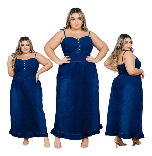 Vestido Jeans Longo Lycra Moda Plus Size Gg Luxo Ref. 20