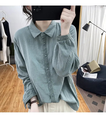 Camisa De Manga Larga Con Encaje Y Algodón Para Mujer
