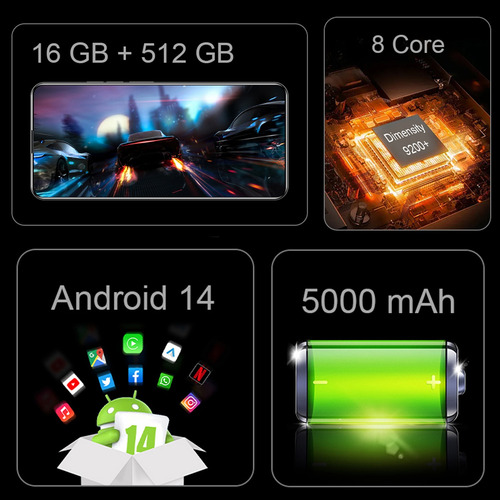 Dual Sim Android Smartphone 512gb+16gb Ram Soporta Red 5g Gran Pantalla De 6,78 Pulgadas Android 14 Celulares Con Bluetooth