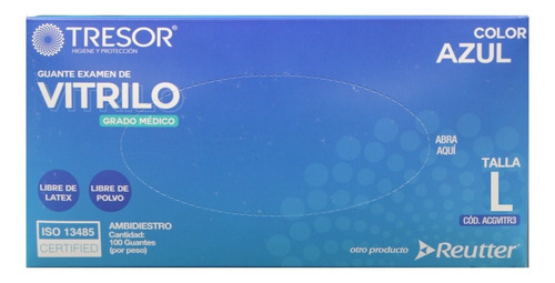 Guante Vitrilo Color Azul Tresor Grado Medico Tallas S-m-l