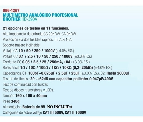 Imagen 2 de 4 de Multimetro Analogico Brother Hd-390a Tester Profesional