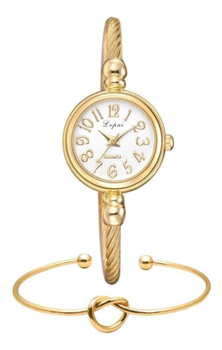 Kit Relógio Feminino Mini Dourado Analógico Cor do fundo Branco Com Pulseira Bracelete Nó Coração Cor Dourada