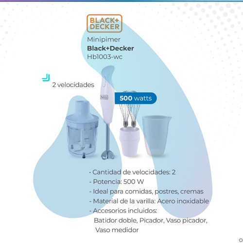 Imagen 2 de 10 de Minipimer 2 Velocidades Black+decker 500w Hb1003-wc